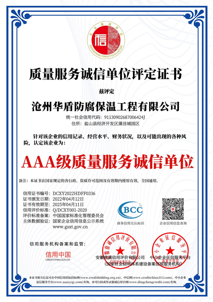 质量服务诚信单位评定证书