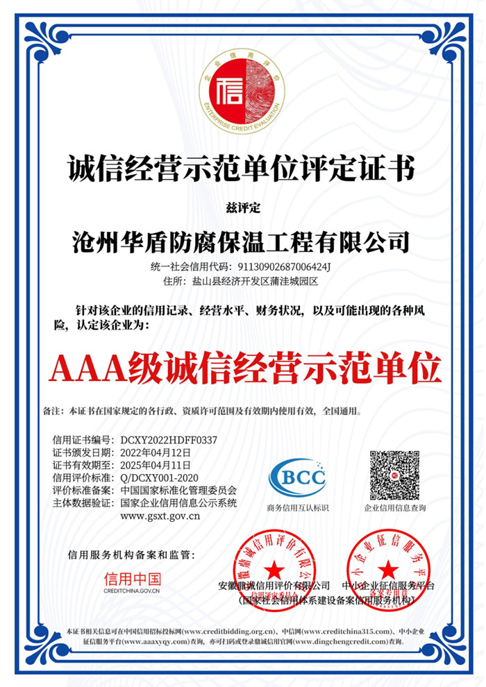 诚信经营示范单位评定证书
